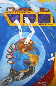 The painting is part of the Dire Consequences: Send in the Clowns series.